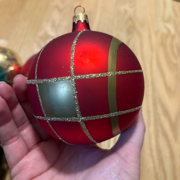 Festive Red and Green Gold Holiday Ball Ornaments Set Bundle Tartan Plaid - Picture 4 of 5
